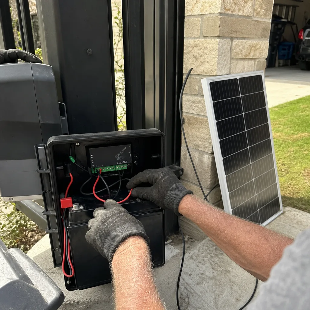 Technician installing solar gate access control system and battery wiring nationwide