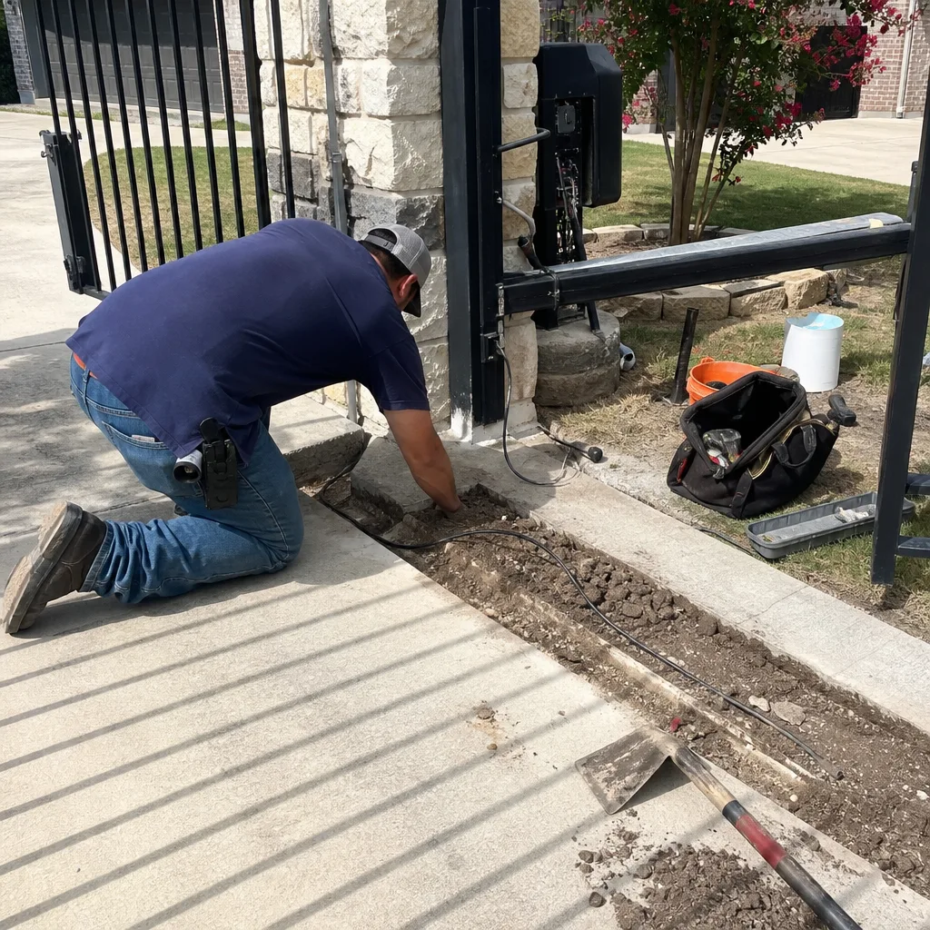 Technician performing professional repairs on a residential gate access control system nationwide