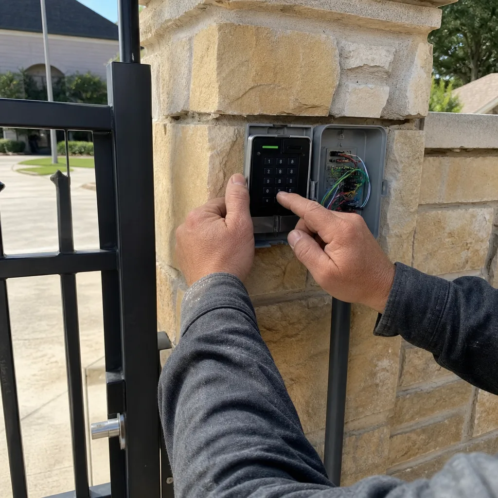 Technician repairing or programming a residential gate access control keypad. in Waxahachie, TX