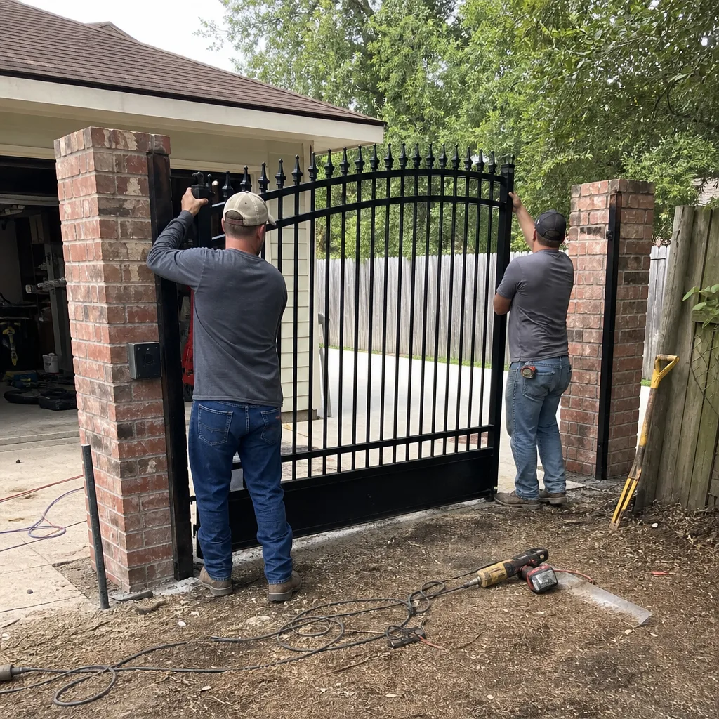 Two professional contractors installing a custom metal driveway gate.