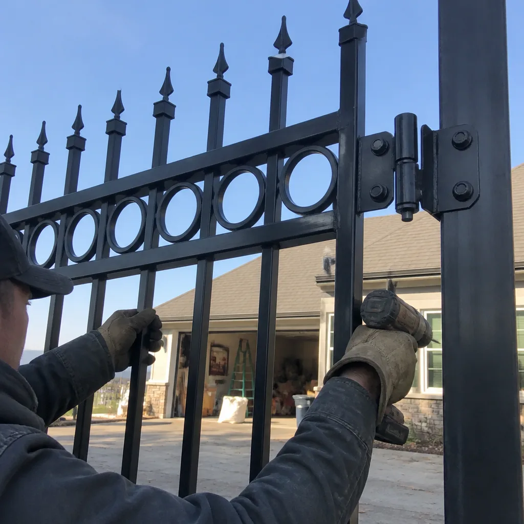 Professional contractor installing a custom metal security gate with power tools