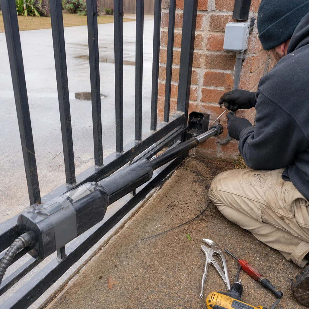 Technician performing professional gate motor and automatic gate opener repair service nationwide