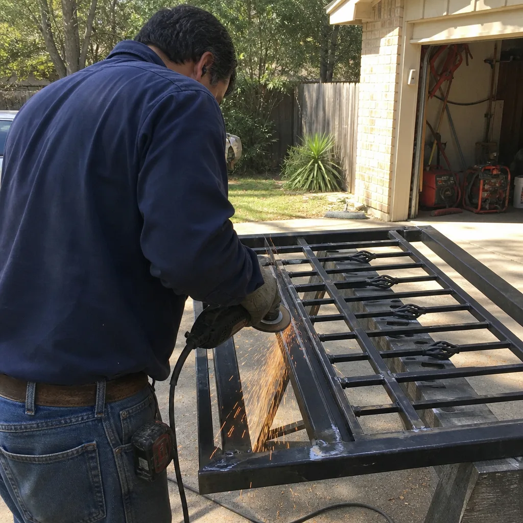 Professional welder grinding metal parts during residential gate repair service. nationwide