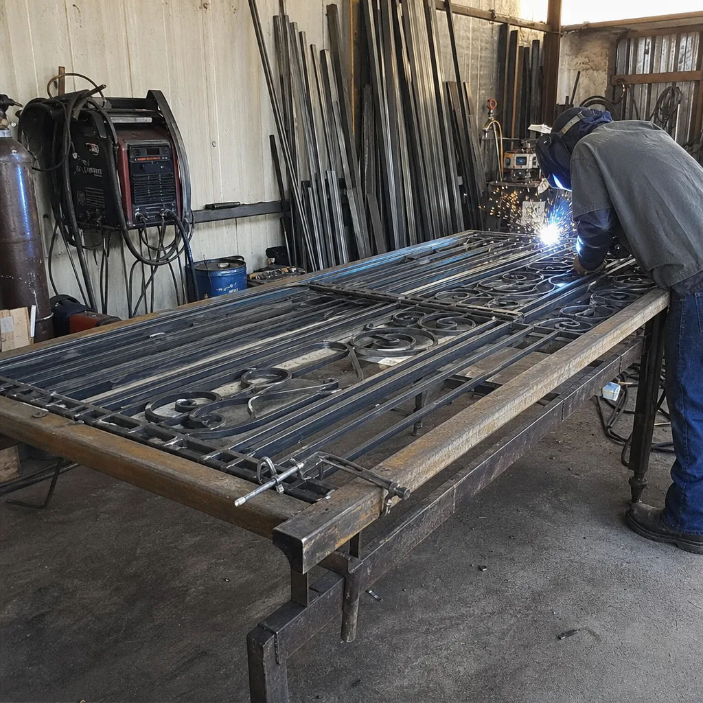 Metalworker welding ornamental steel gate components on a workshop table nationwide