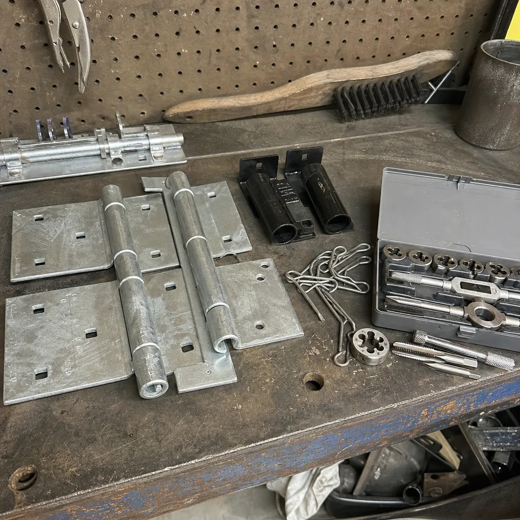Assortment of metal gate hinges, latches, and professional threading tools on workbench nationwide